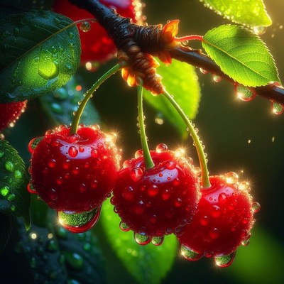 Ripe cherries after a rain shower
