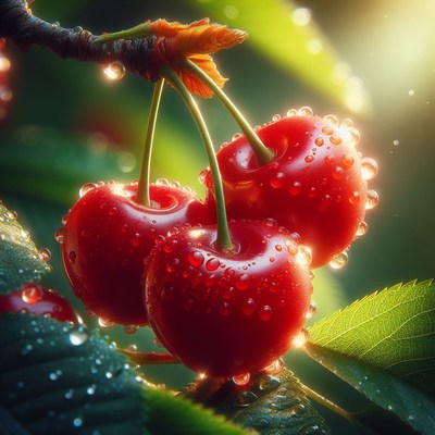 Ripe cherries glowing in the sunlight