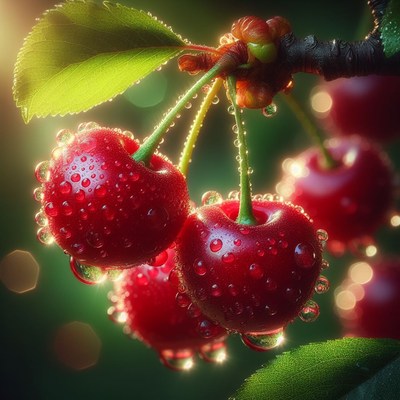 Ripe cherries dew-covered in sunlight