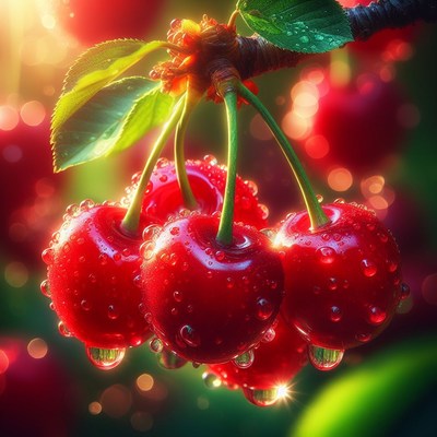 Ripe cherries hanging on a branch