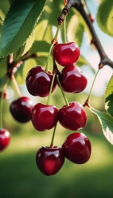 Ripe cherries hanging from branch