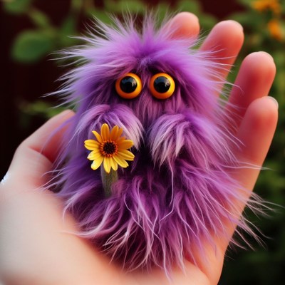 Purple fuzzy creature holding a flower