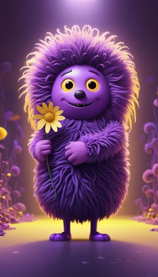Purple monster holding flower