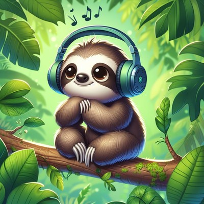 Sloth listening to music in the jungle