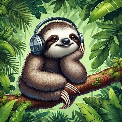 Smiling sloth listening to music
