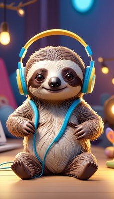 Sloth listening to music with headphones