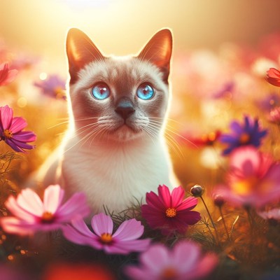 Siamese cat in flower field