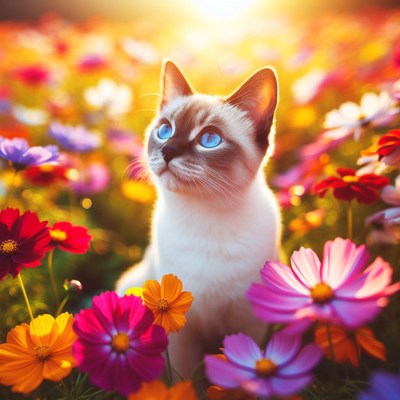Cat in a field of flowers