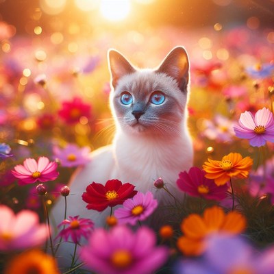 Cat in a field of flowers at sunset