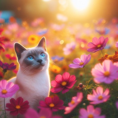 Cat in a field of flowers at sunset