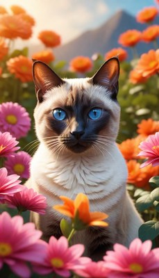 Siamese cat in a garden of flowers