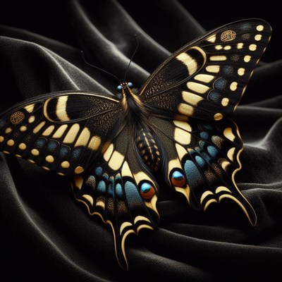 Black and gold butterfly on silk
