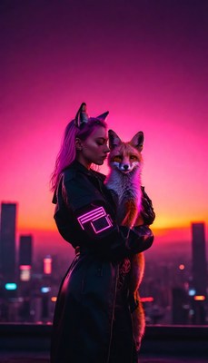 Woman with fox at sunset