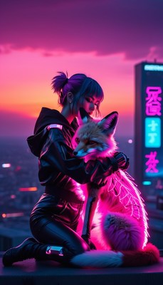 Cyberpunk woman holding fox at sunset