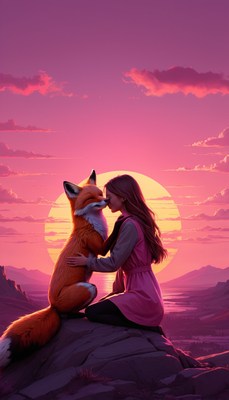Girl and fox at sunset
