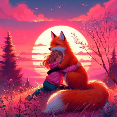 Girl hugging fox at sunset
