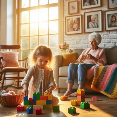 Girl building blocks with grandma