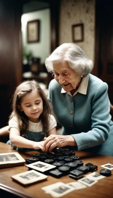 Woman and girl looking at photos