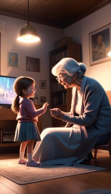 Girl and grandmother in living room