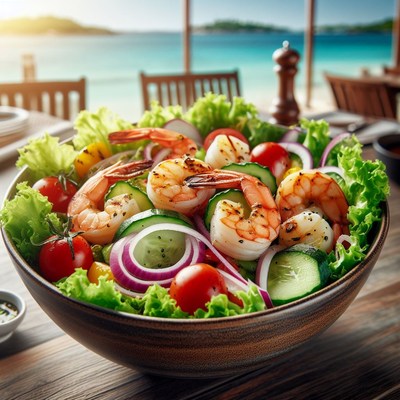 Shrimp salad on beachside patio