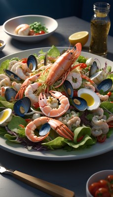 Seafood salad with lobster and mussels