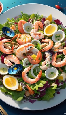 Shrimp and egg salad on white plate