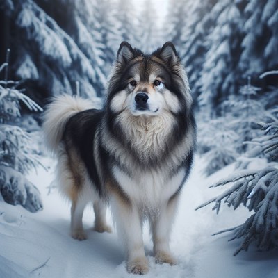 Alaskan malamute in winter forest