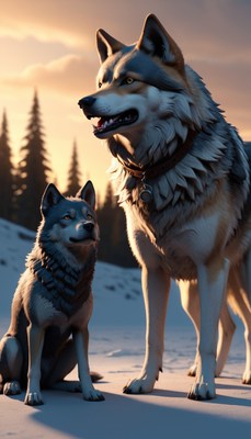Two wolves in snowy forest