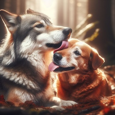 Wolf and dog napping in the woods