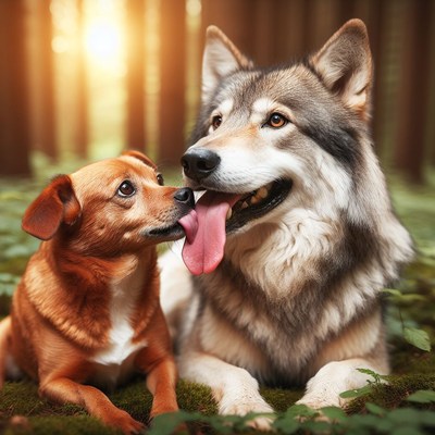 Wolf licking small dog in forest