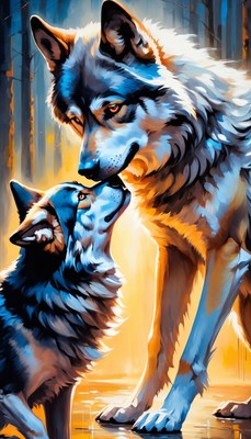 Wolf family nuzzling in forest