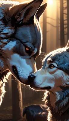 Two wolves nosing in a forest