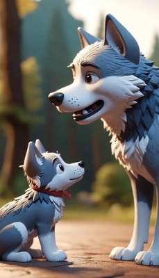 Wolf and pup in forest setting