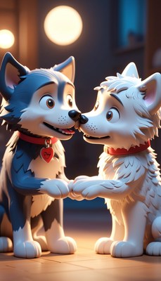 Two wolf puppets holding paws