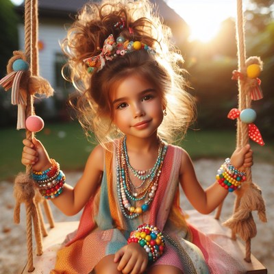 Girl on a swing with colorful jewelry