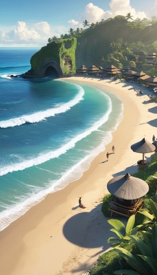 Tropical beach with cliff and cabanas