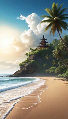 Tropical temple beach scene