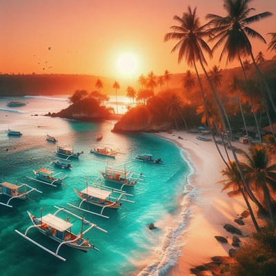 Sunset over tropical cove with boats