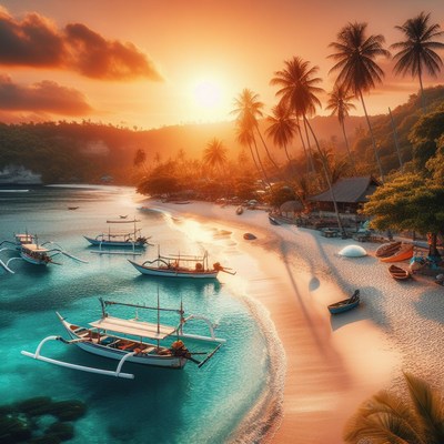 Sunset boats on tropical beach