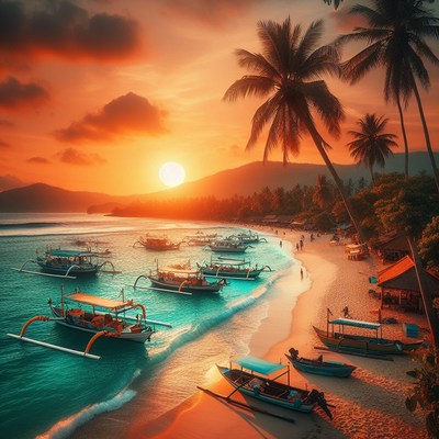 Sunset boats on tropical beach