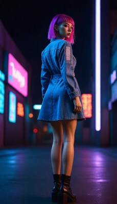 Woman in denim dress on city street at night