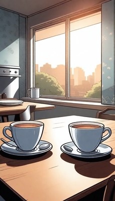 Two cups of coffee by a window