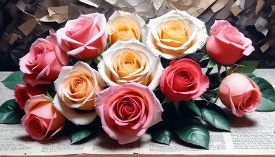 Rose bouquet on newspaper