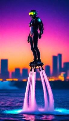 Woman flying above city at sunset on jetpack