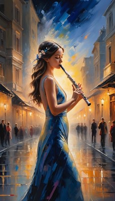 Woman playing flute in city street
