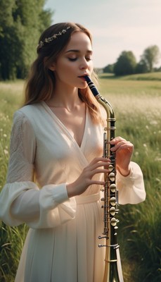 Woman playing saxophone in field