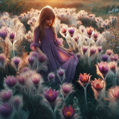 Girl in purple dress among flowers at sunset