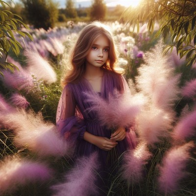 Girl in purple dress amidst pink grass