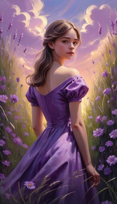 Woman in purple dress in field
