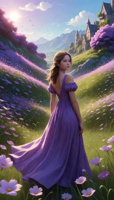 Woman in purple dress walking through field